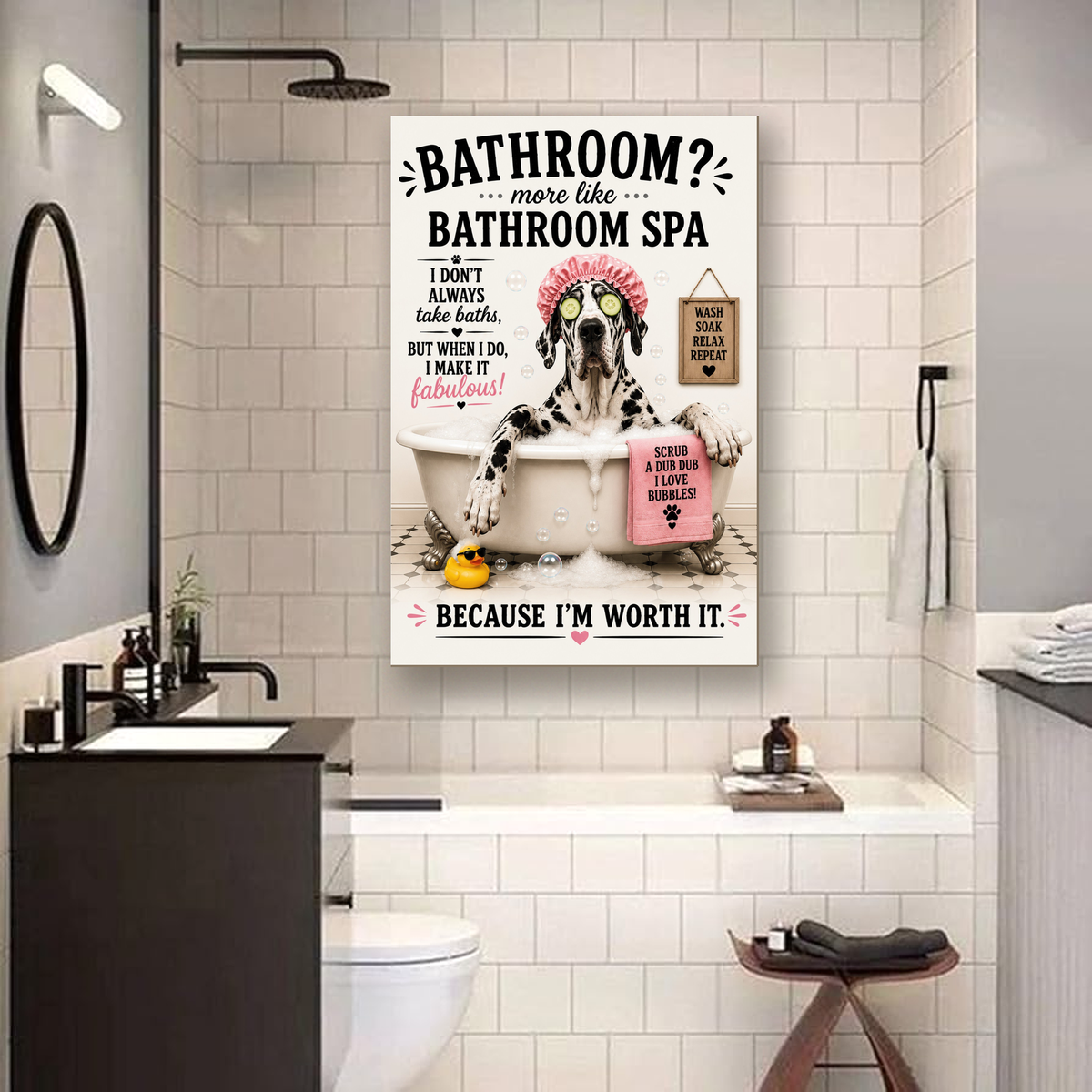 Funny Bathroom Spa Canvas, Great Dane Dog Wall Art, Ready to Hang