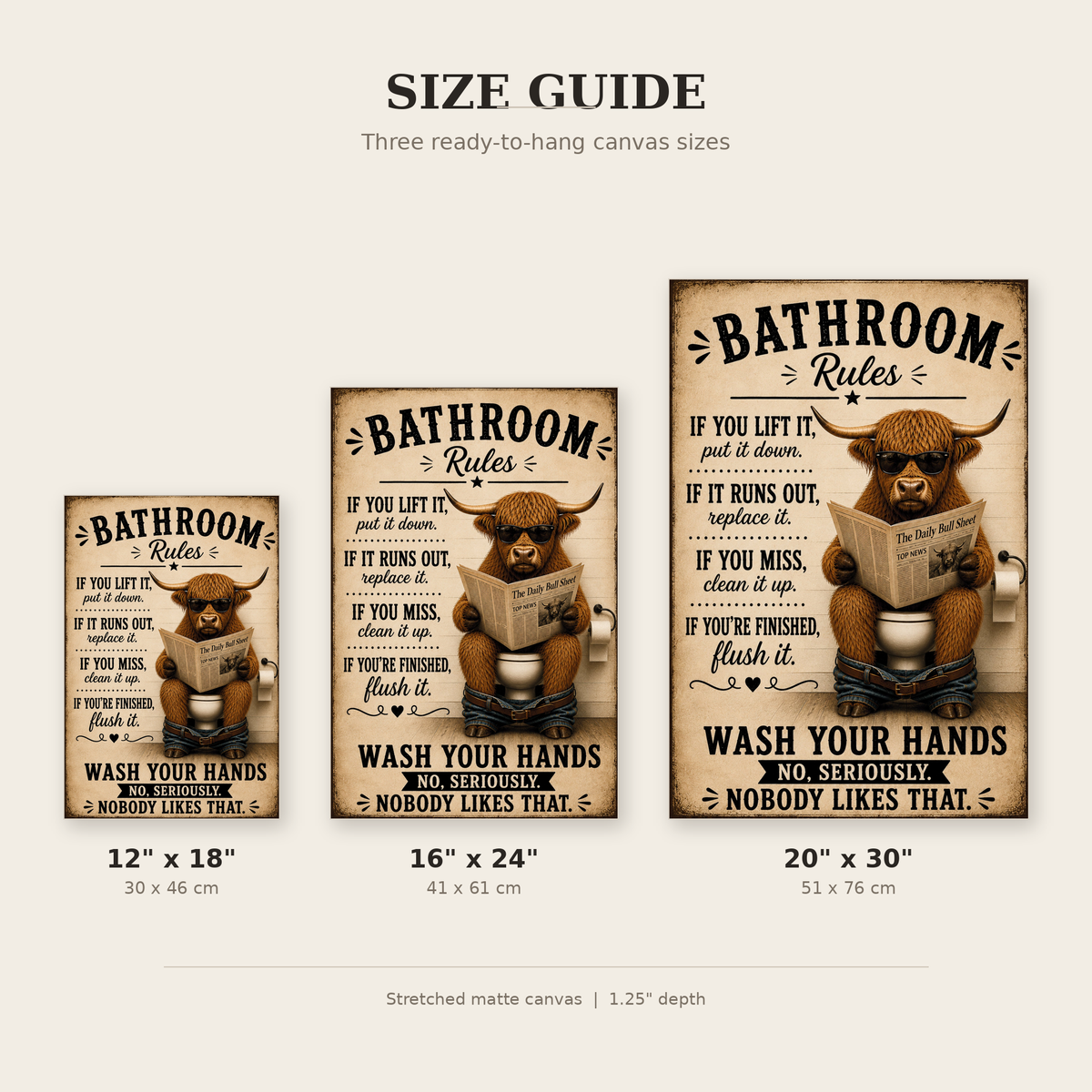 Funny Bathroom Rules Canvas, Highland Cow Wall Art, Ready to Hang