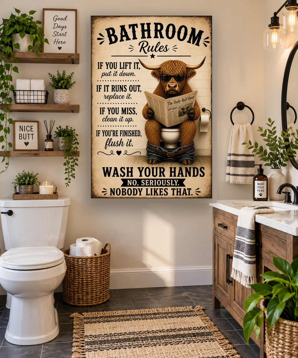 Funny Bathroom Rules Canvas, Highland Cow Wall Art, Ready to Hang
