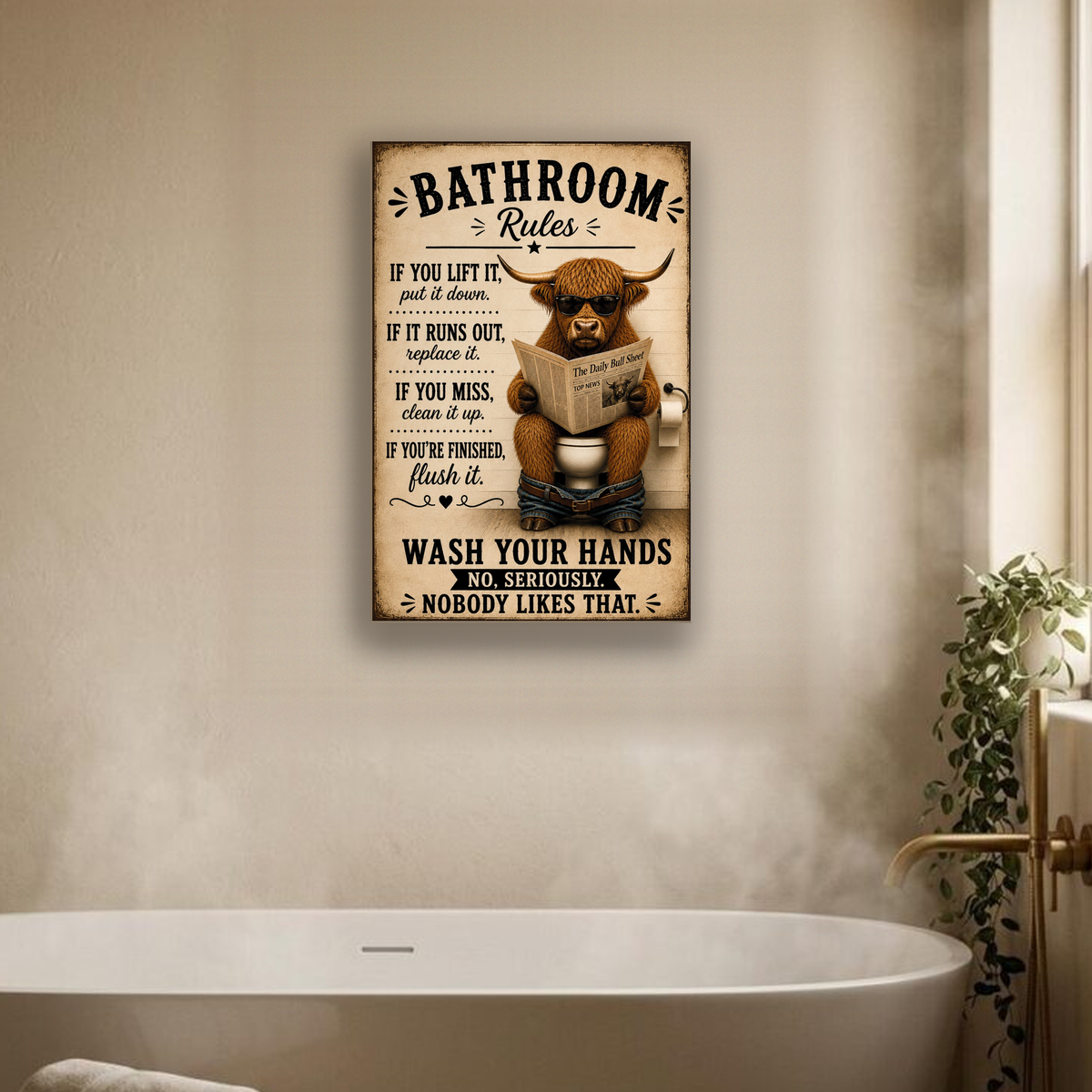 Funny Bathroom Rules Canvas, Highland Cow Wall Art, Ready to Hang