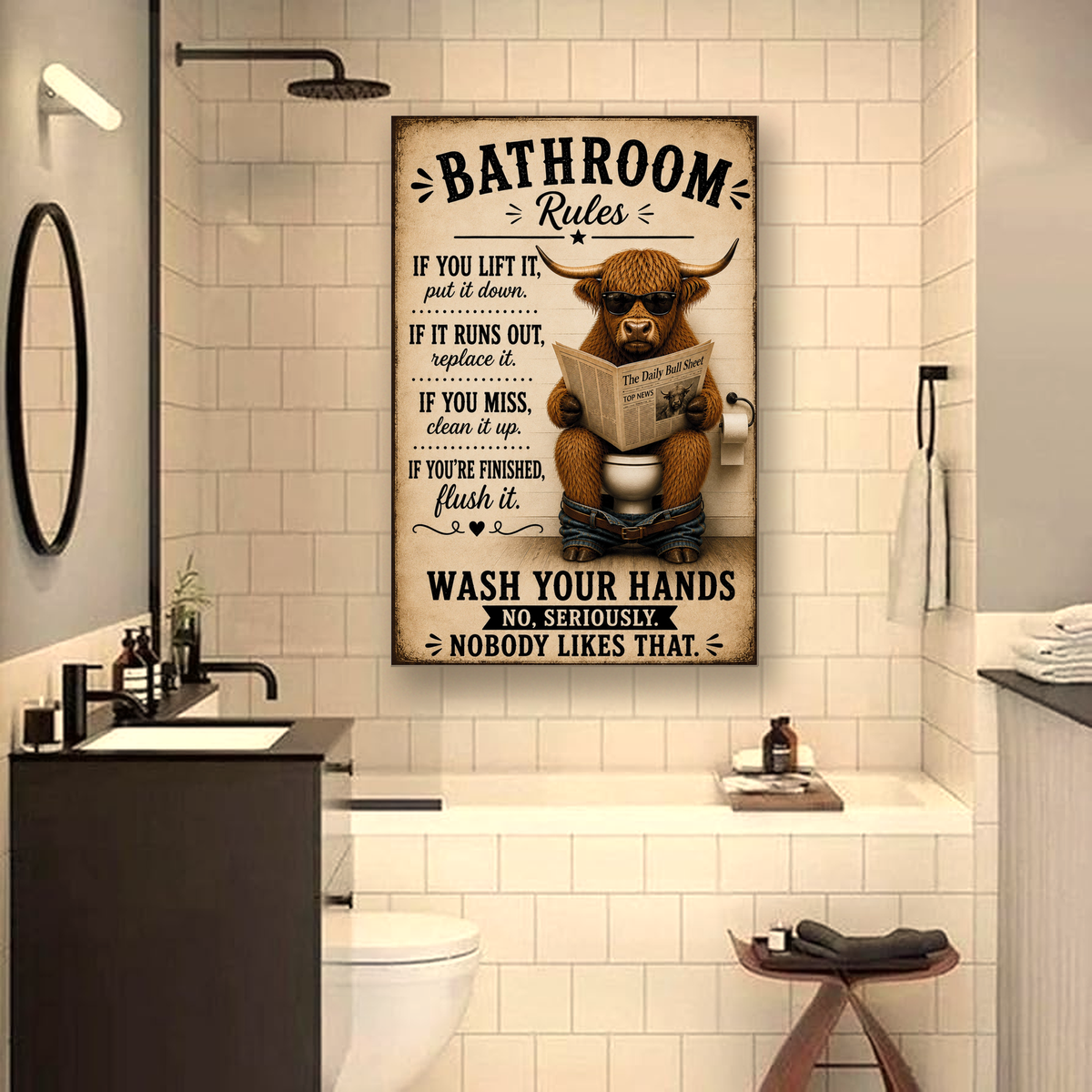 Funny Bathroom Rules Canvas, Highland Cow Wall Art, Ready to Hang
