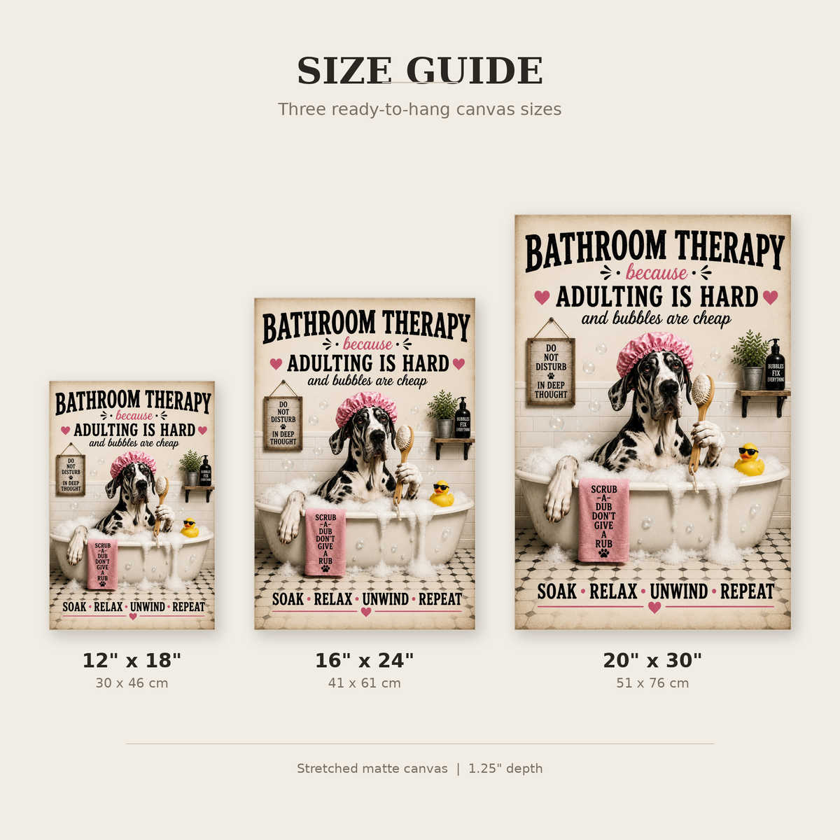 Funny Bathroom Therapy Canvas, Great Dane Dog Wall Art, Ready to Hang