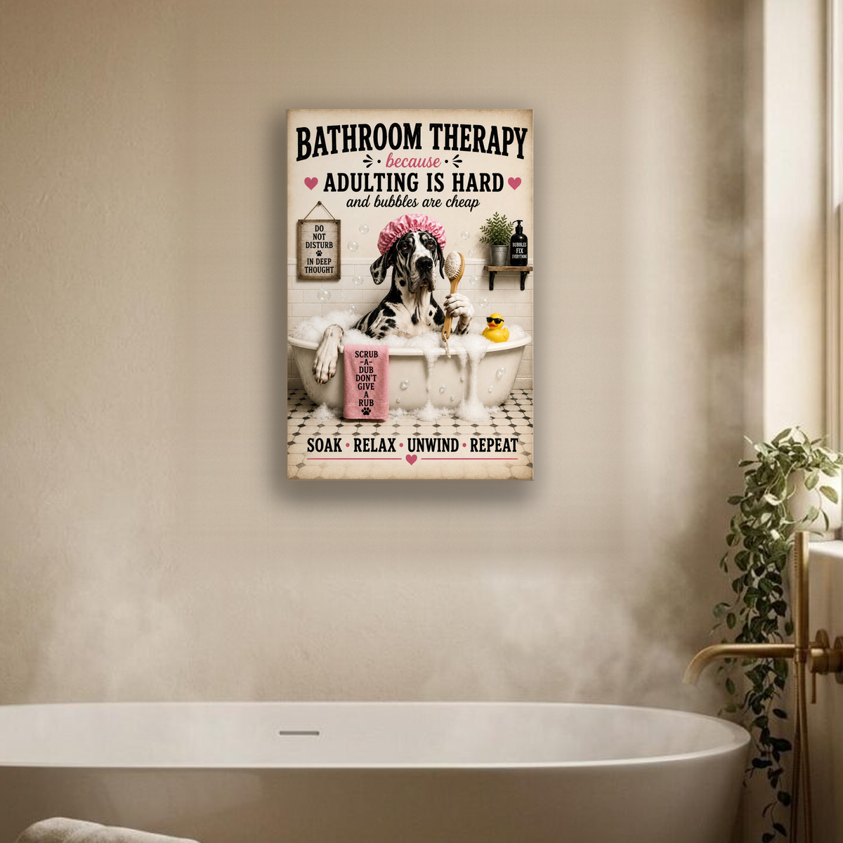 Funny Bathroom Therapy Canvas, Great Dane Dog Wall Art, Ready to Hang