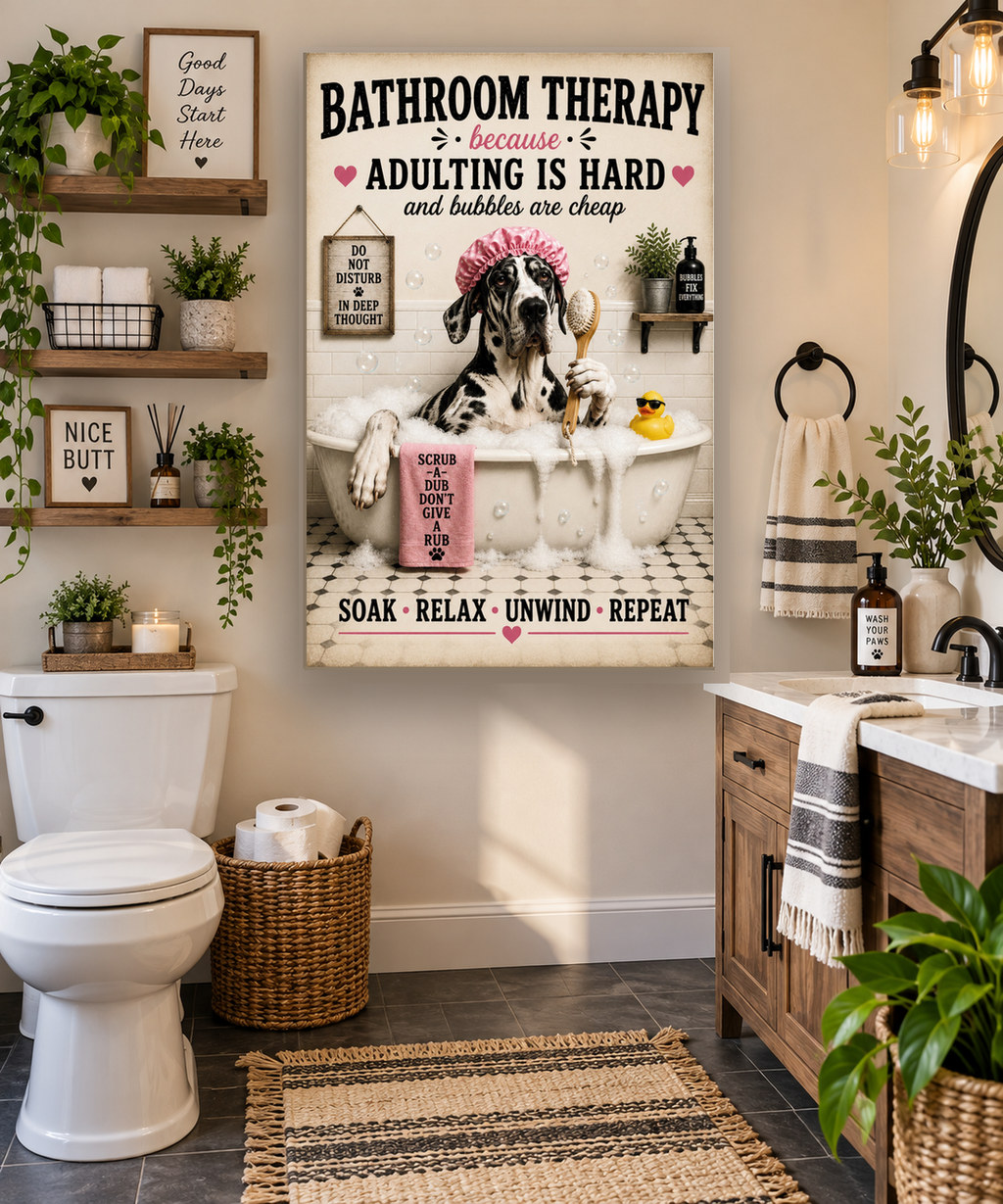 Funny Bathroom Therapy Canvas, Great Dane Dog Wall Art, Ready to Hang