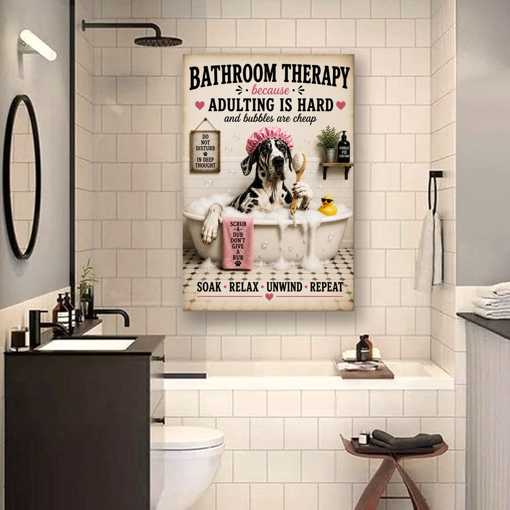 Funny Bathroom Therapy Canvas, Great Dane Dog Wall Art, Ready to Hang