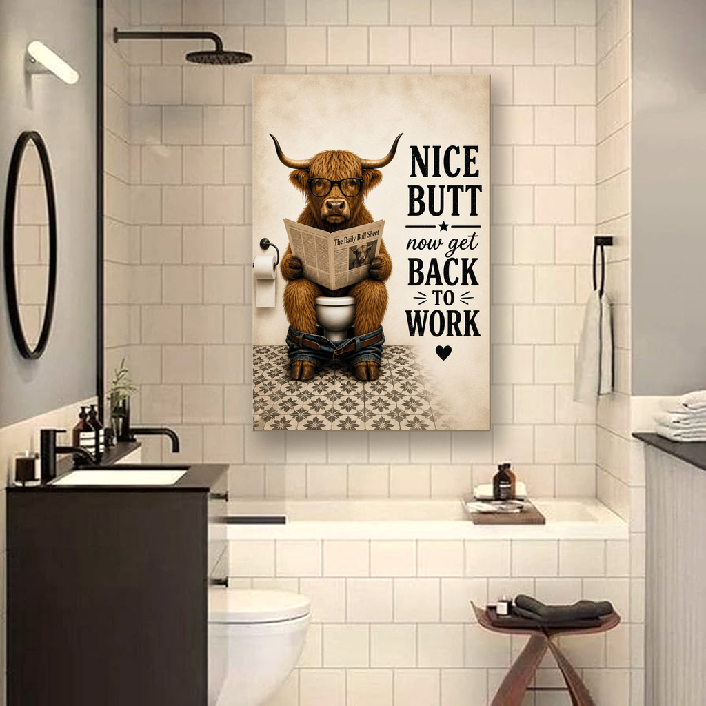 Funny Bathroom Canvas, Nice Butt Highland Cow Wall Art, Ready to Hang