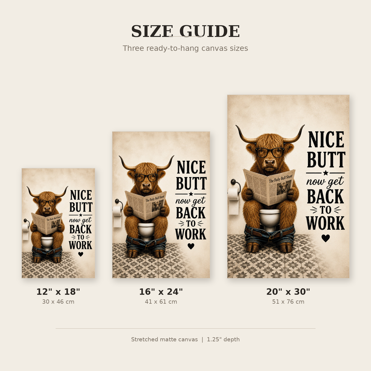 Funny Bathroom Canvas, Nice Butt Highland Cow Wall Art, Ready to Hang