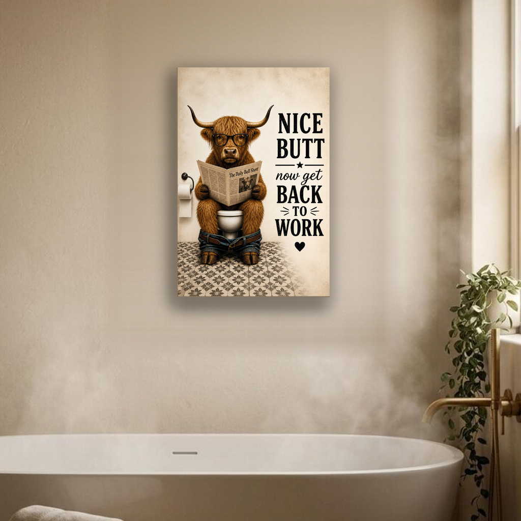Funny Bathroom Canvas, Nice Butt Highland Cow Wall Art, Ready to Hang
