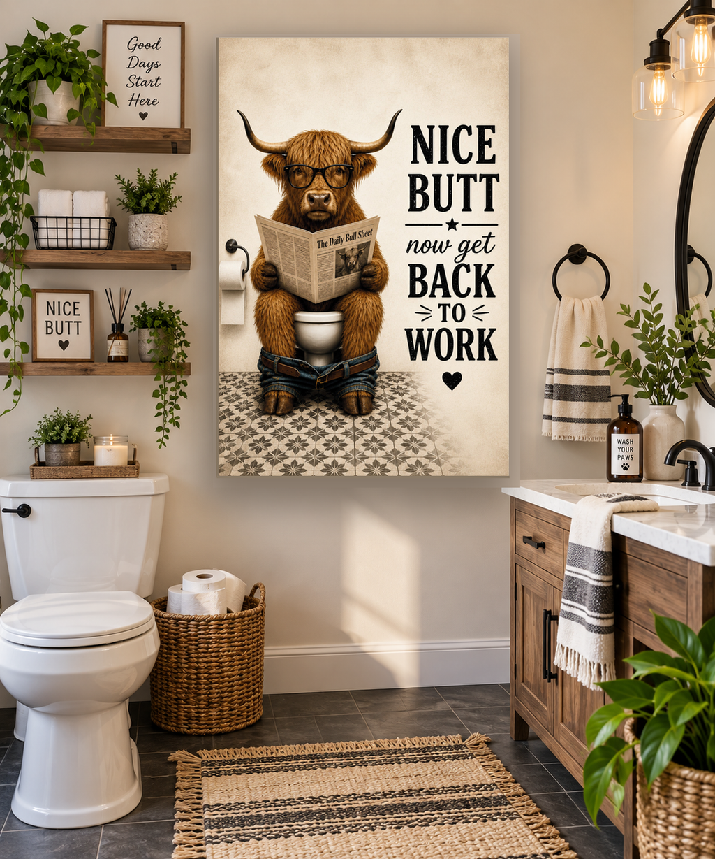 Funny Bathroom Canvas, Nice Butt Highland Cow Wall Art, Ready to Hang