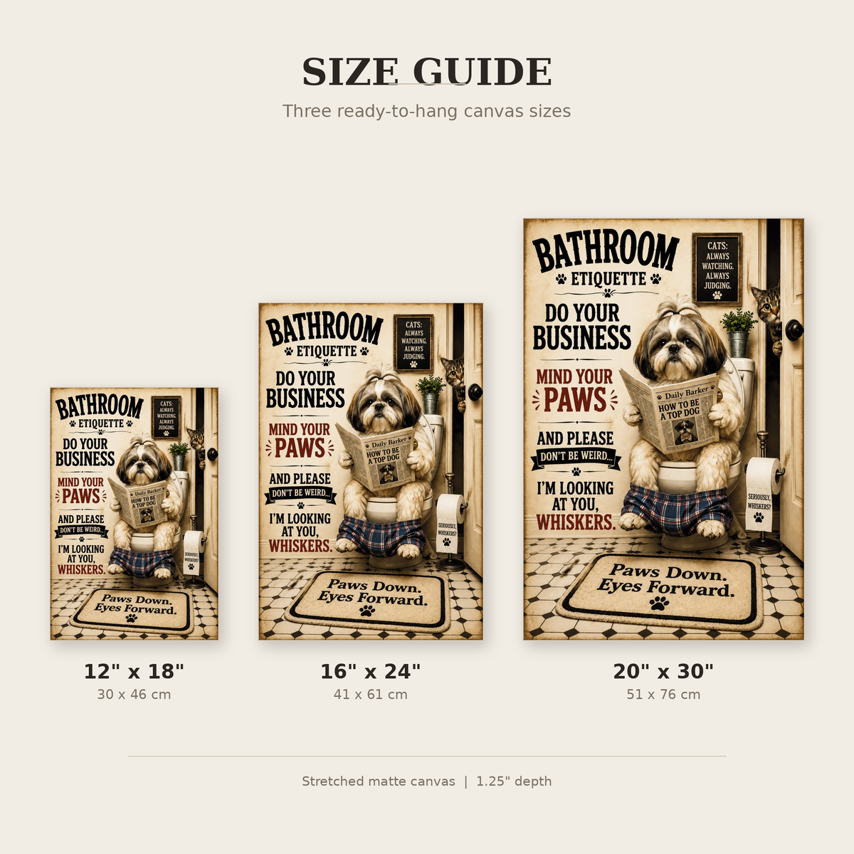 Funny Bathroom Etiquette Canvas, Shih Tzu Dog Wall Art, Ready to Hang