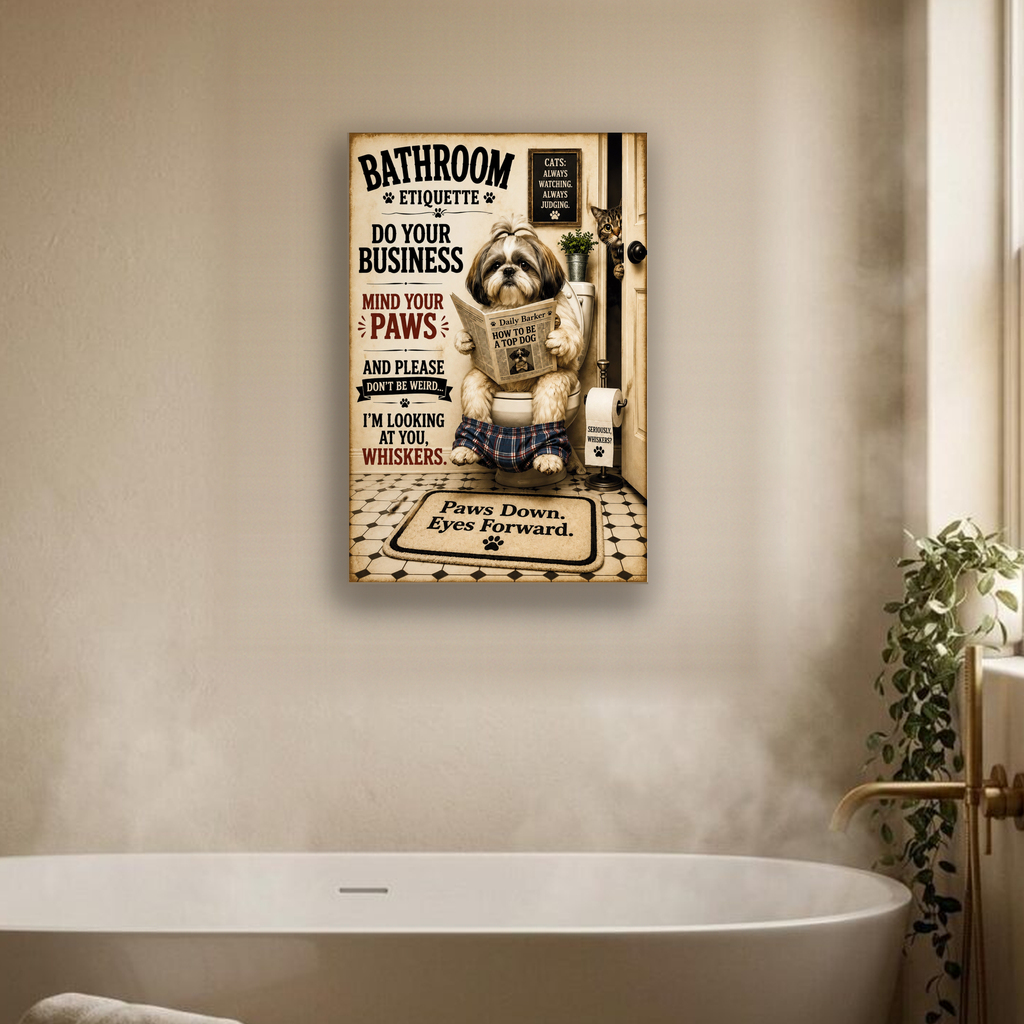 Funny Bathroom Etiquette Canvas, Shih Tzu Dog Wall Art, Ready to Hang