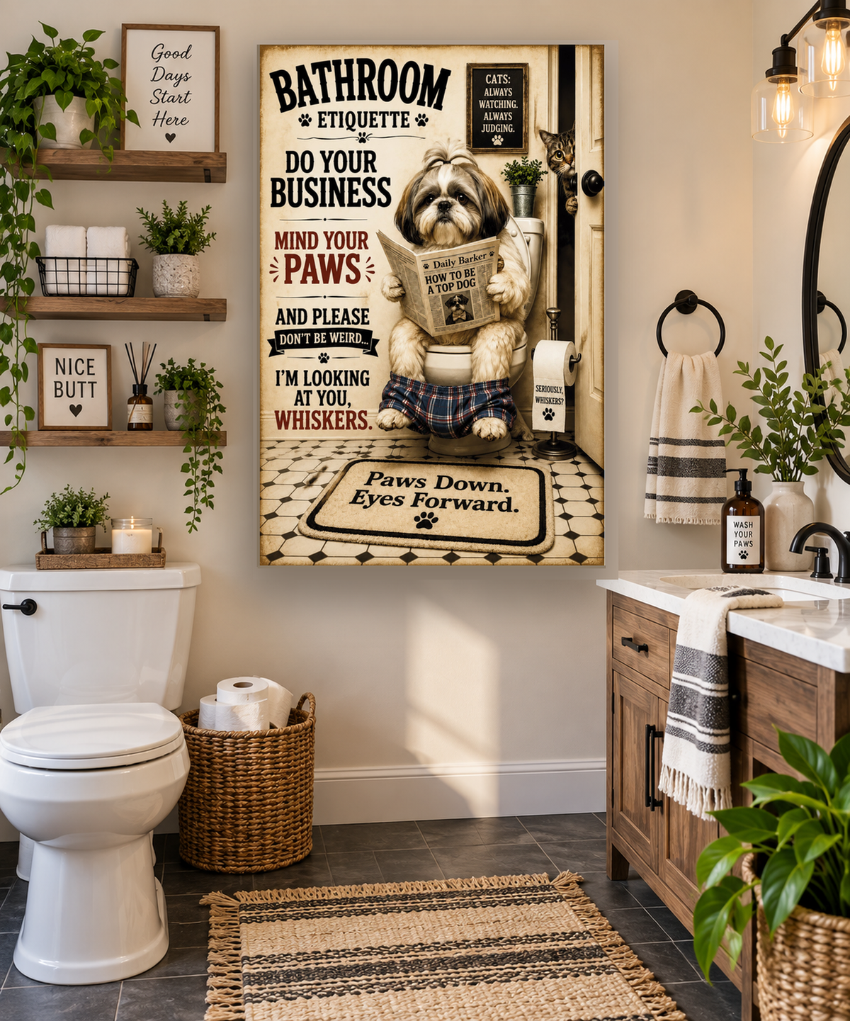 Funny Bathroom Etiquette Canvas, Shih Tzu Dog Wall Art, Ready to Hang