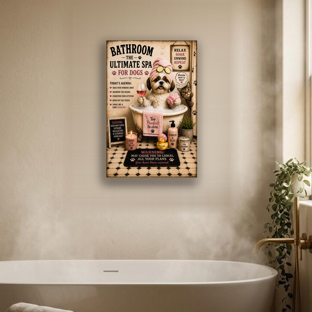Funny Dog Spa Bathroom Canvas, Shih Tzu Wall Art, Ready to Hang