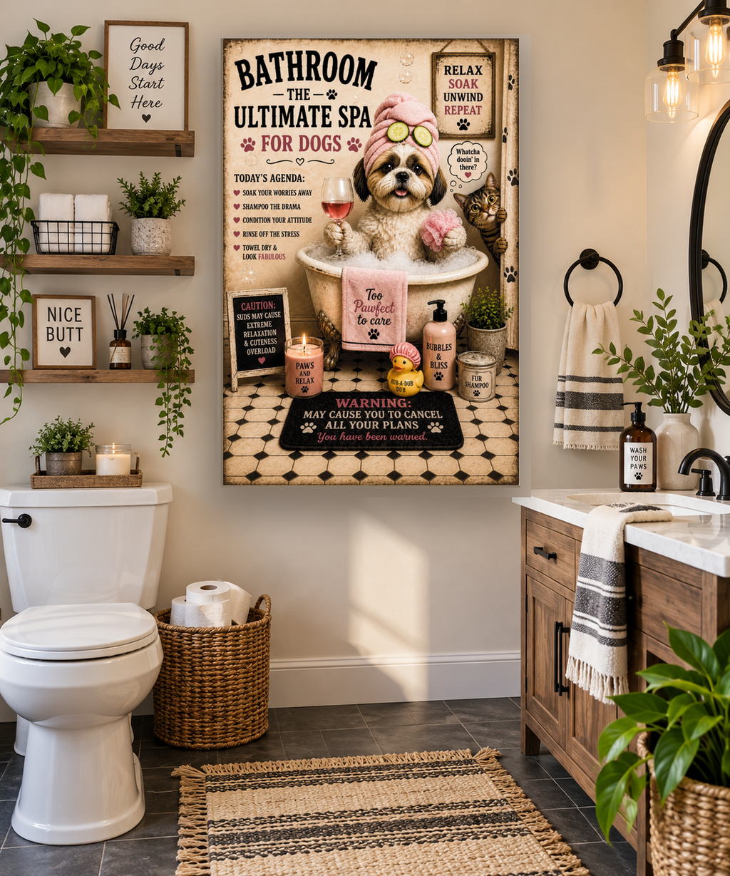 Funny Dog Spa Bathroom Canvas, Shih Tzu Wall Art, Ready to Hang