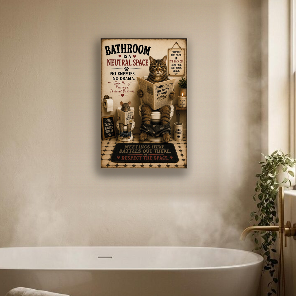 Funny Cat Bathroom Canvas, Cat and Mouse Wall Art, Ready to Hang