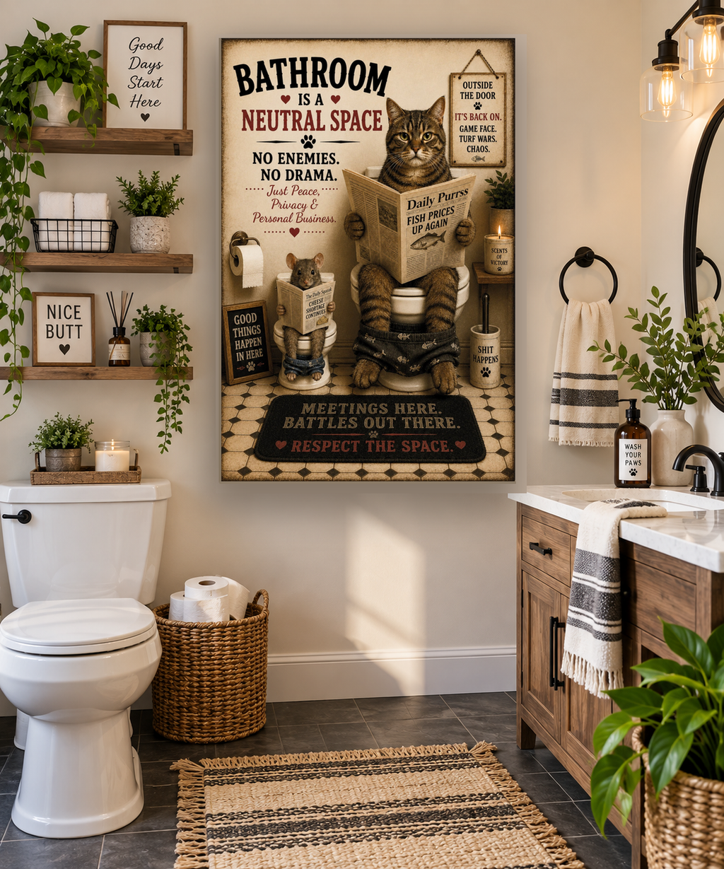 Funny Cat Bathroom Canvas, Cat and Mouse Wall Art, Ready to Hang