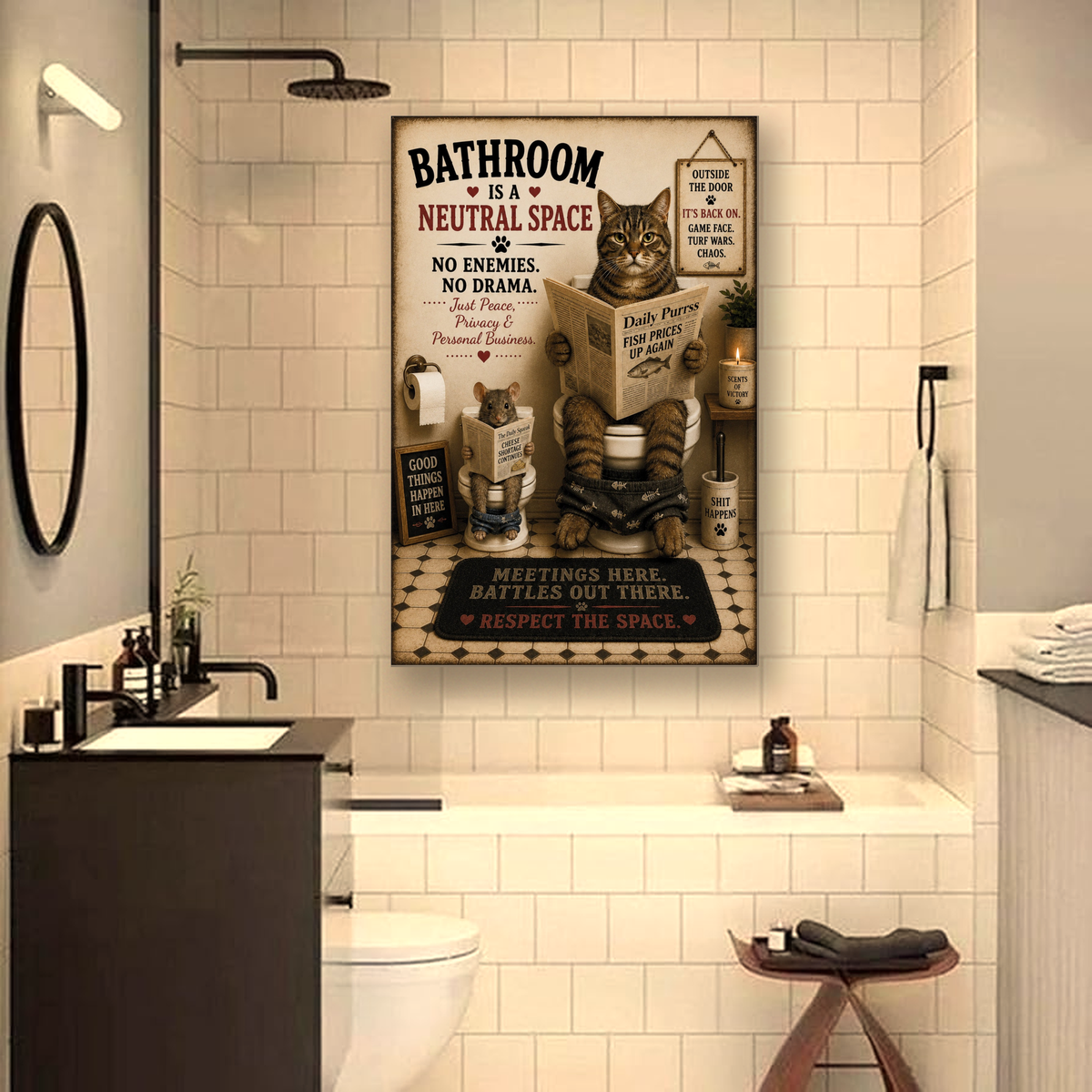 Funny Cat Bathroom Canvas, Cat and Mouse Wall Art, Ready to Hang