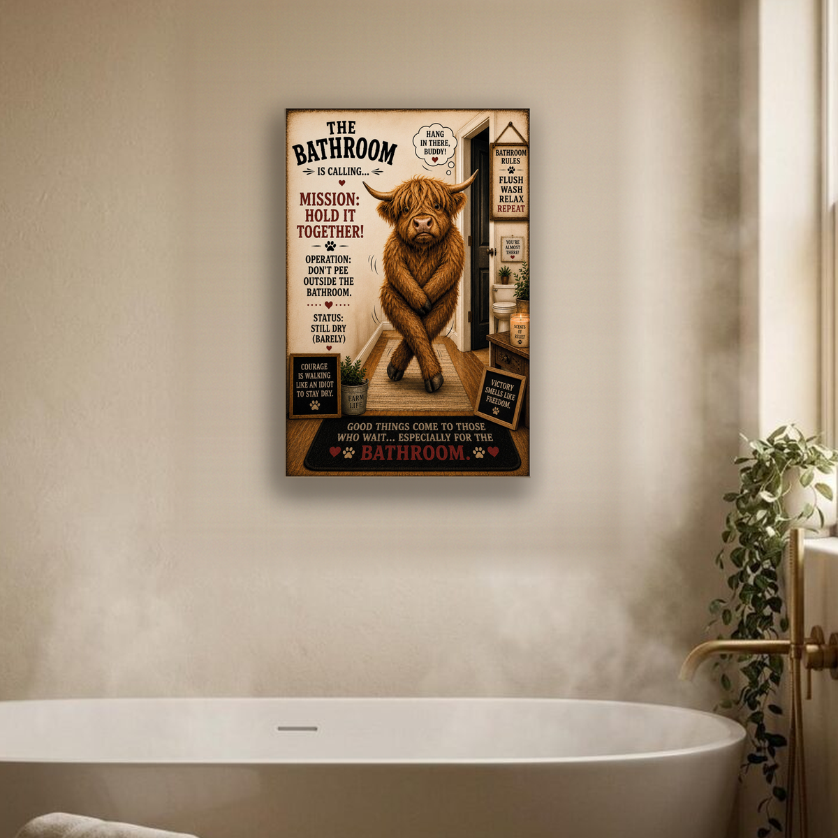 Funny Bathroom Canvas, Highland Cow Wall Art, Bathroom Is Calling, Ready to Hang