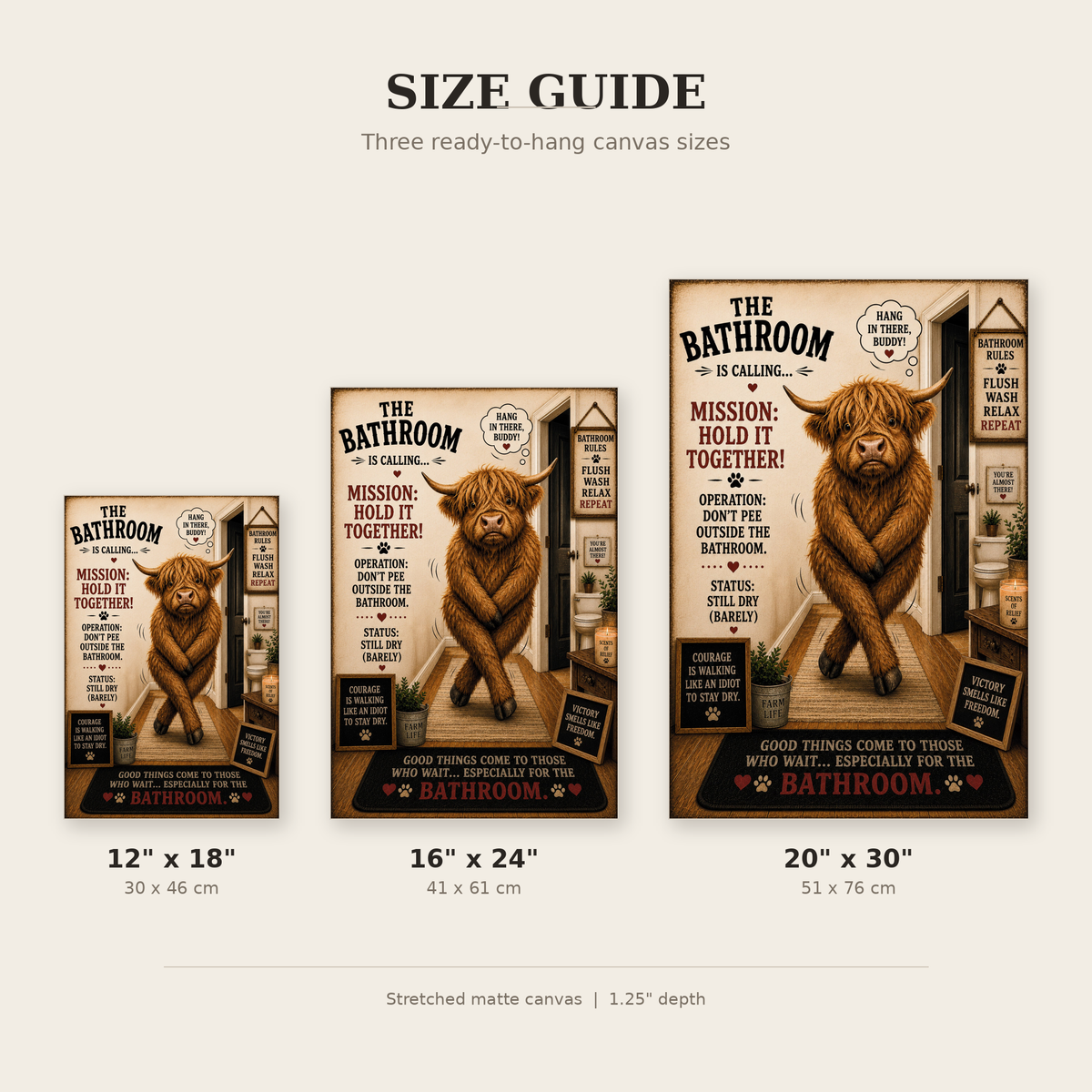 Funny Bathroom Canvas, Highland Cow Wall Art, Bathroom Is Calling, Ready to Hang