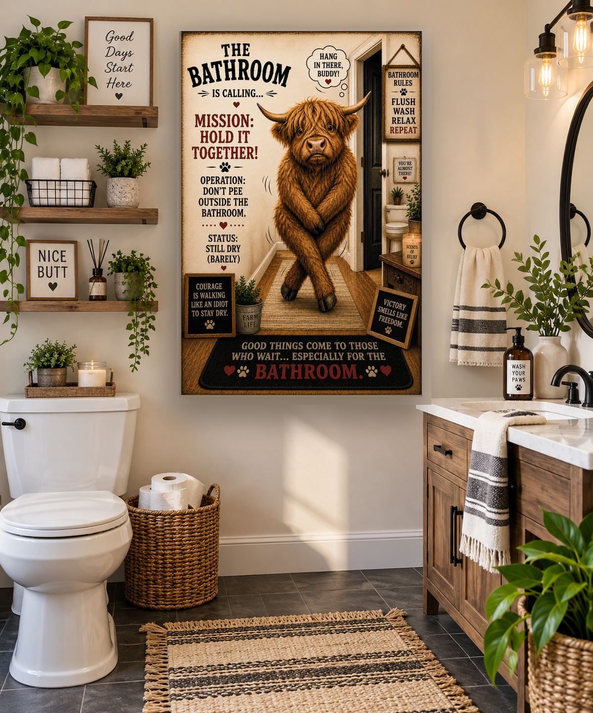 Funny Bathroom Canvas, Highland Cow Wall Art, Bathroom Is Calling, Ready to Hang
