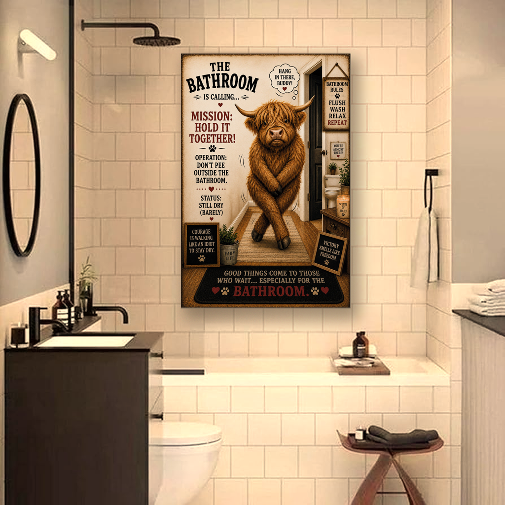 Funny Bathroom Canvas, Highland Cow Wall Art, Bathroom Is Calling, Ready to Hang