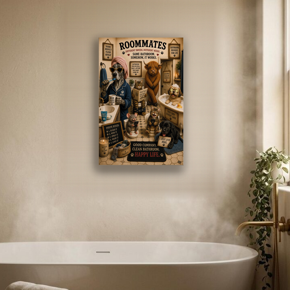 Funny Bathroom Roommates Canvas, Dog Cat Cow Wall Art, Ready to Hang