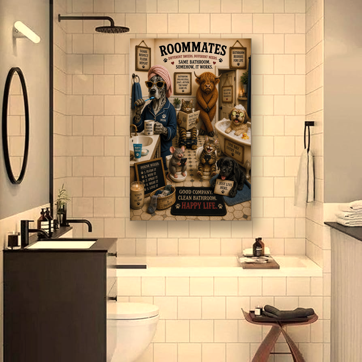 Funny Bathroom Roommates Canvas, Dog Cat Cow Wall Art, Ready to Hang