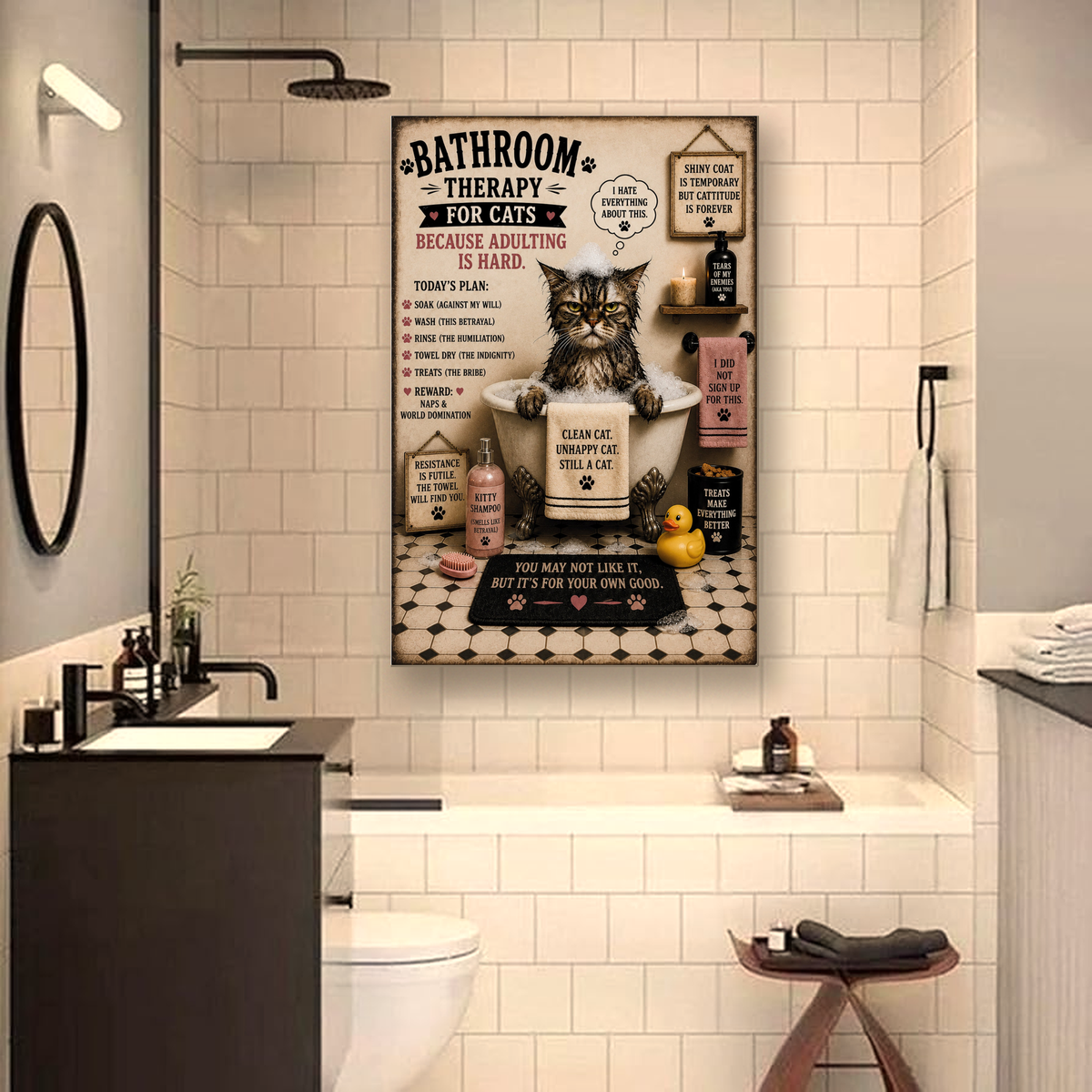 Funny Bathroom Therapy For Cats Canvas, Cat Wall Art, Ready to Hang
