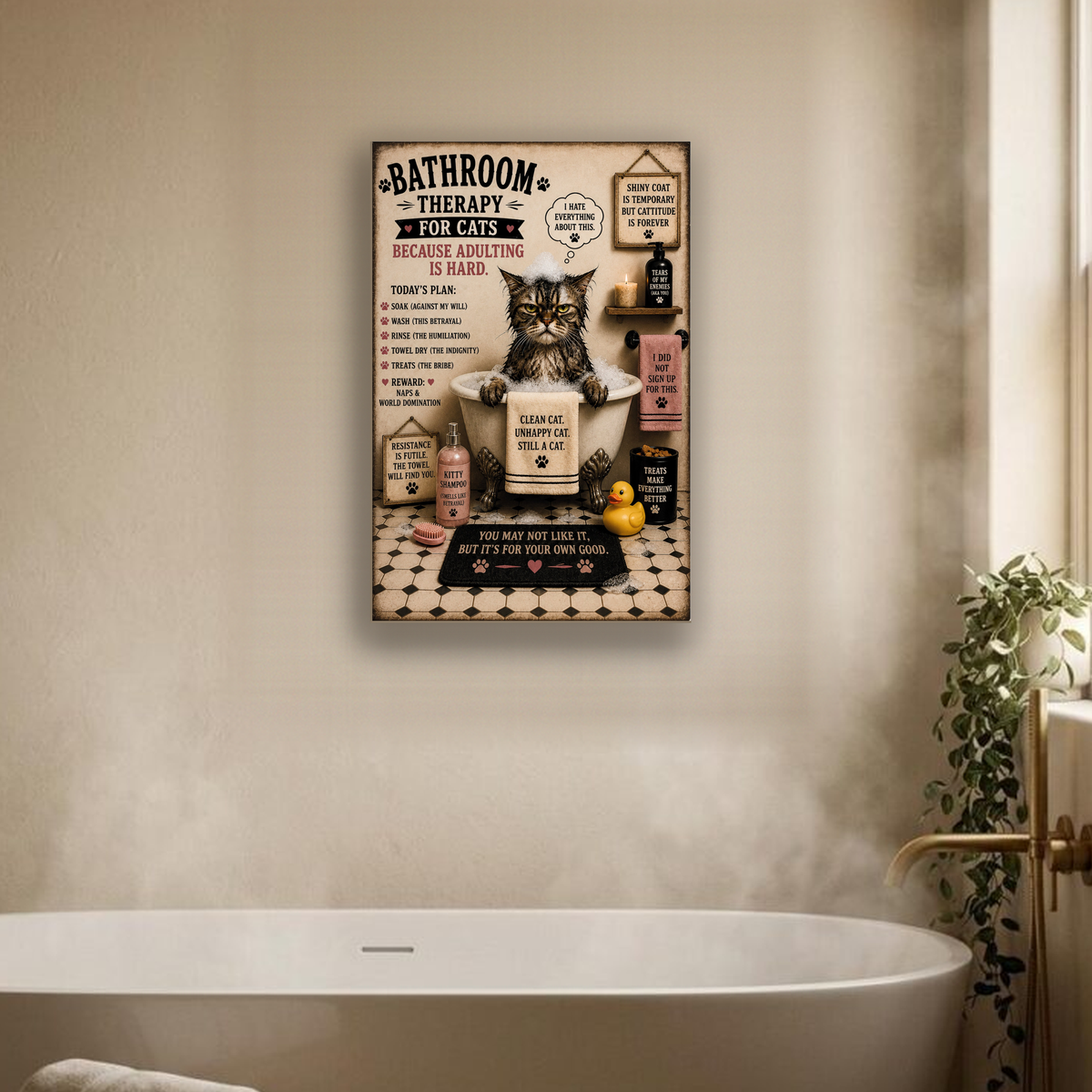 Funny Bathroom Therapy For Cats Canvas, Cat Wall Art, Ready to Hang