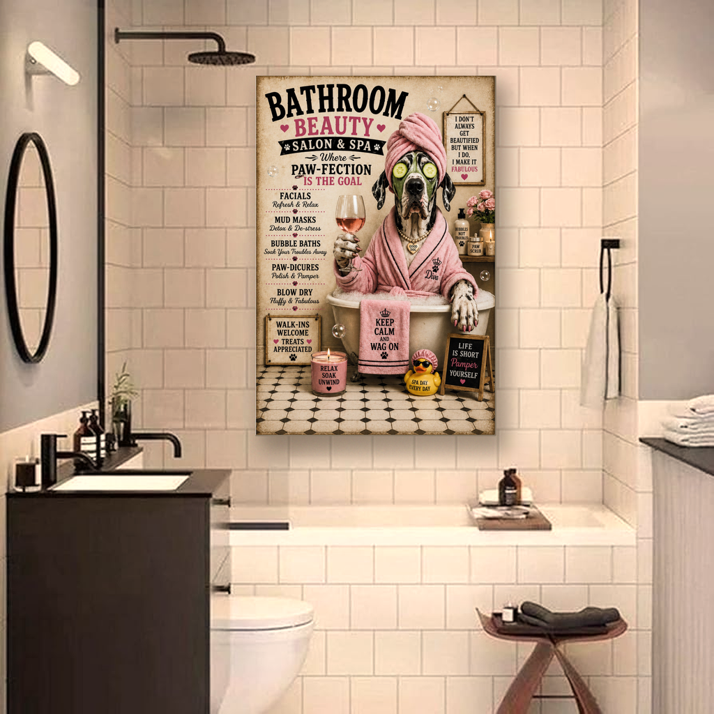 Funny Bathroom Beauty Canvas, Great Dane Dog Wall Art, Ready to Hang