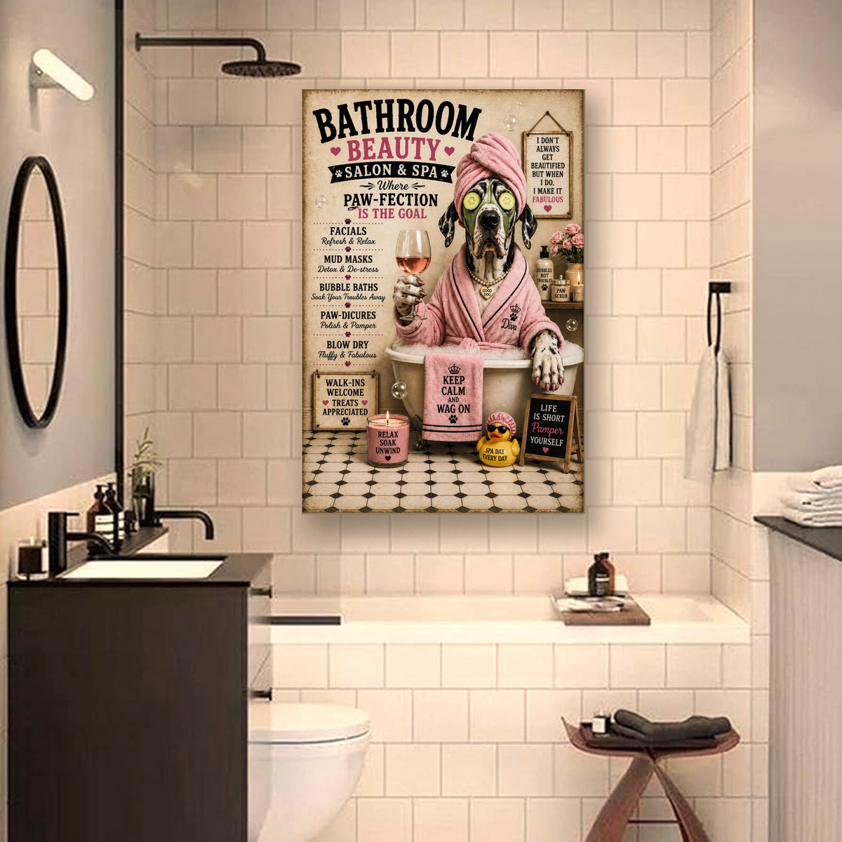 Funny Bathroom Beauty Canvas, Great Dane Dog Wall Art, Ready to Hang