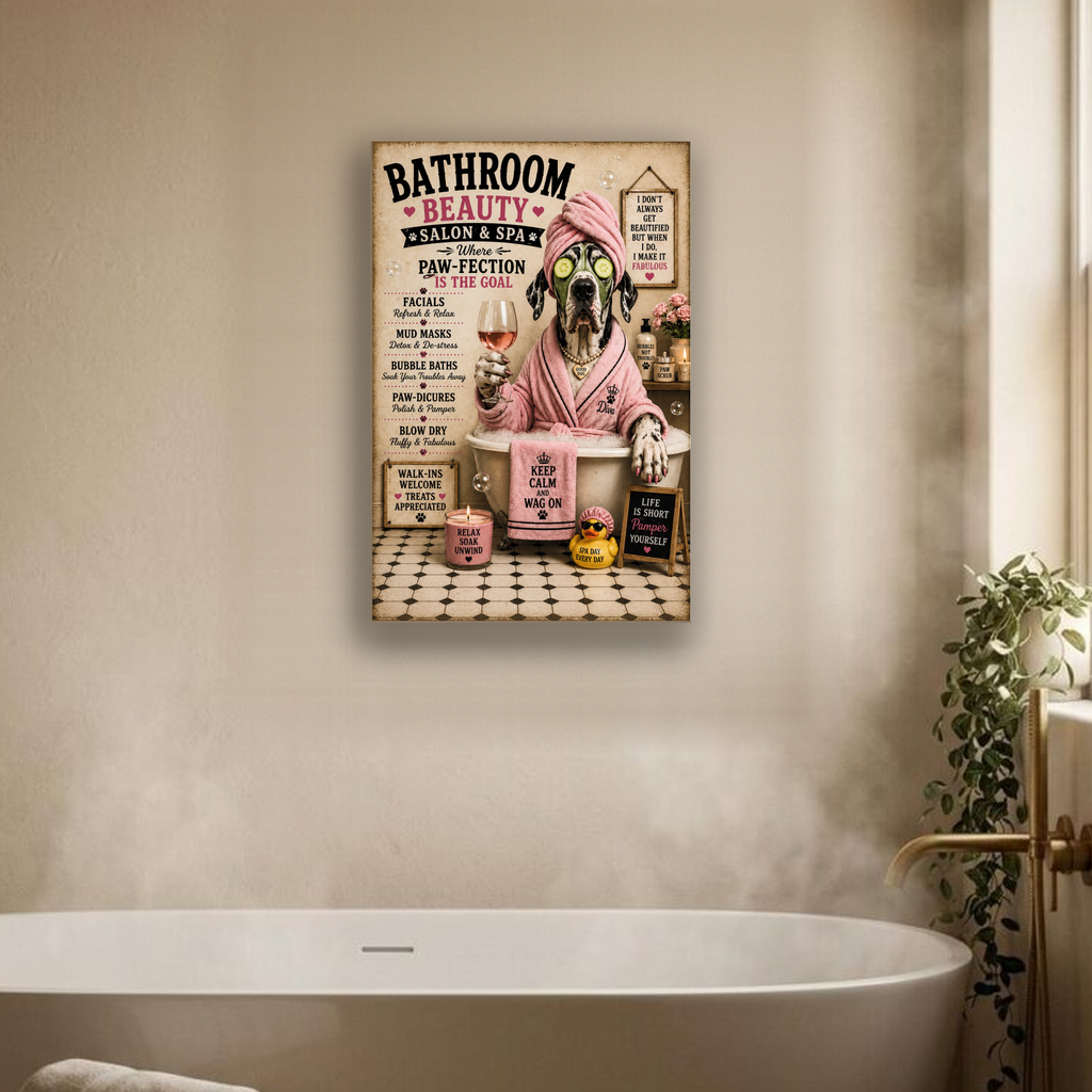 Funny Bathroom Beauty Canvas, Great Dane Dog Wall Art, Ready to Hang