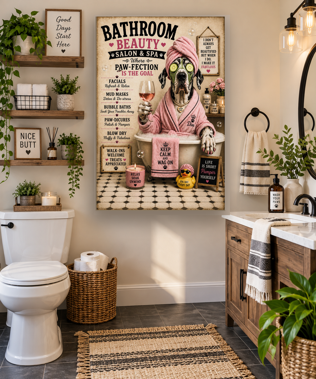 Funny Bathroom Beauty Canvas, Great Dane Dog Wall Art, Ready to Hang
