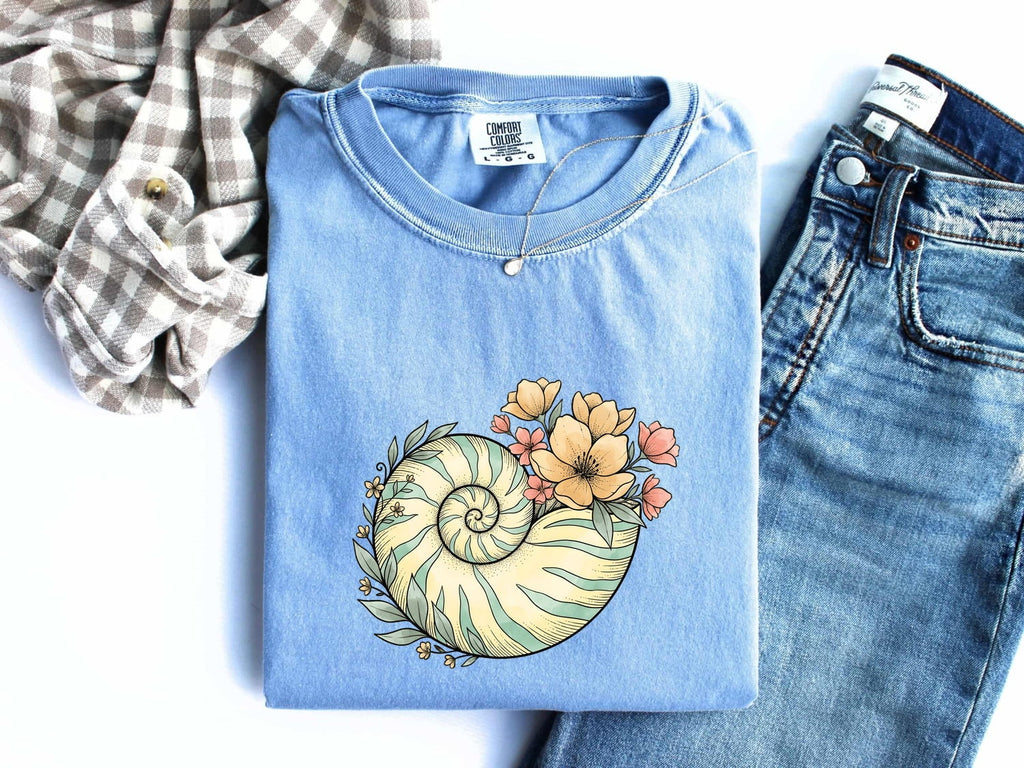 Floral Nautilus Shell T-Shirt – Coastal Boho Ocean Tee