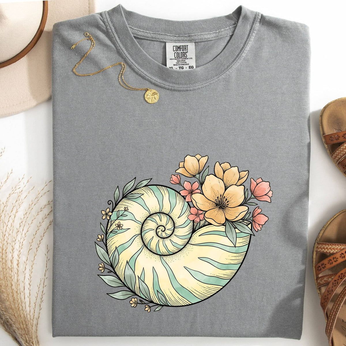 Floral Nautilus Shell T-Shirt – Coastal Boho Ocean Tee