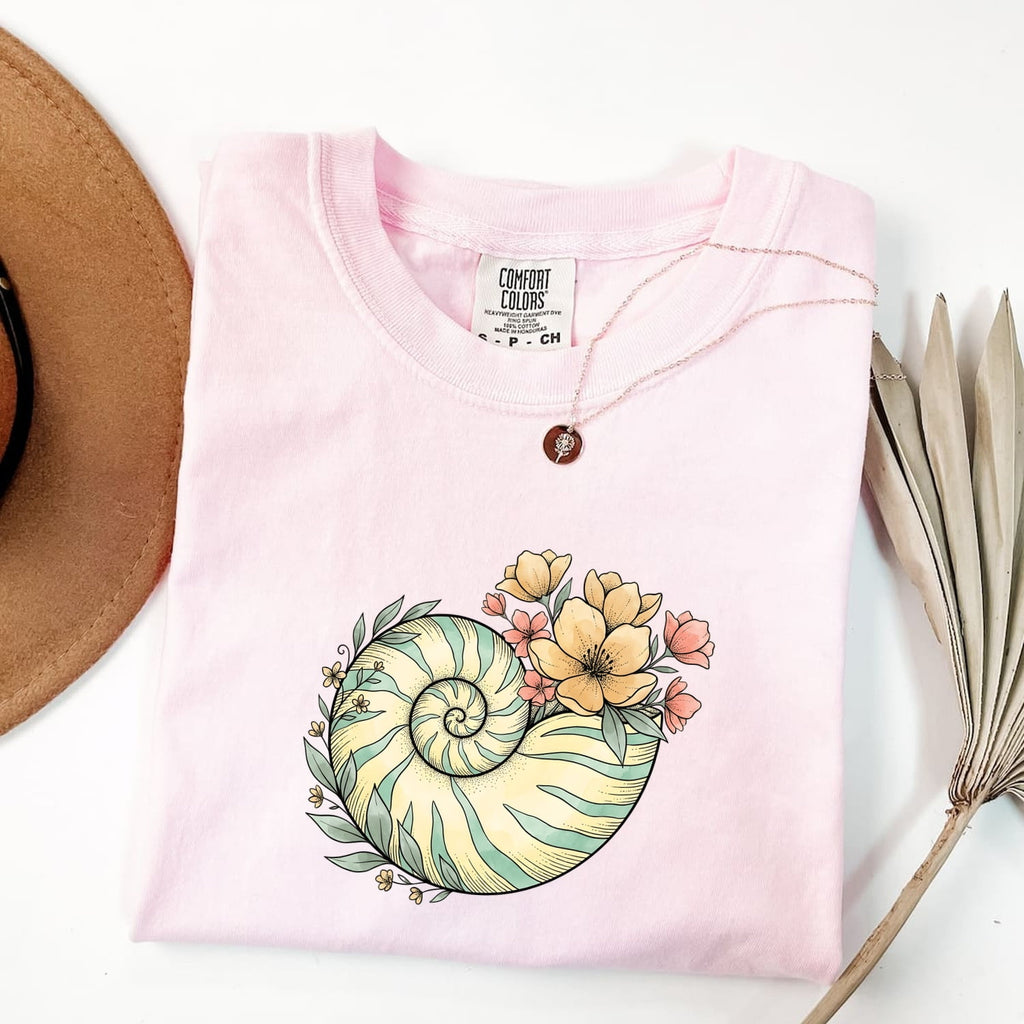 Floral Nautilus Shell T-Shirt – Coastal Boho Ocean Tee