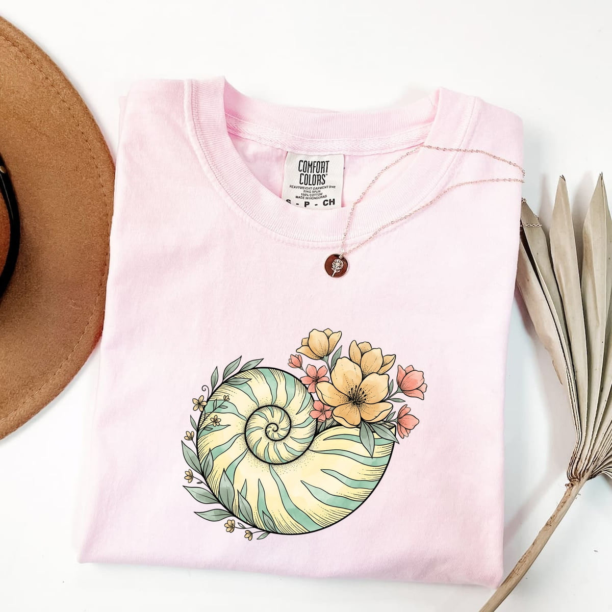 Floral Nautilus Shell T-Shirt – Coastal Boho Ocean Tee