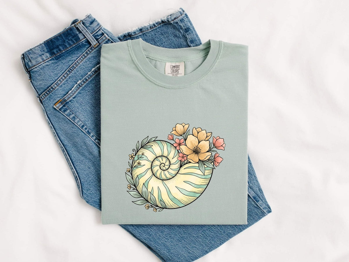 Floral Nautilus Shell T-Shirt – Coastal Boho Ocean Tee