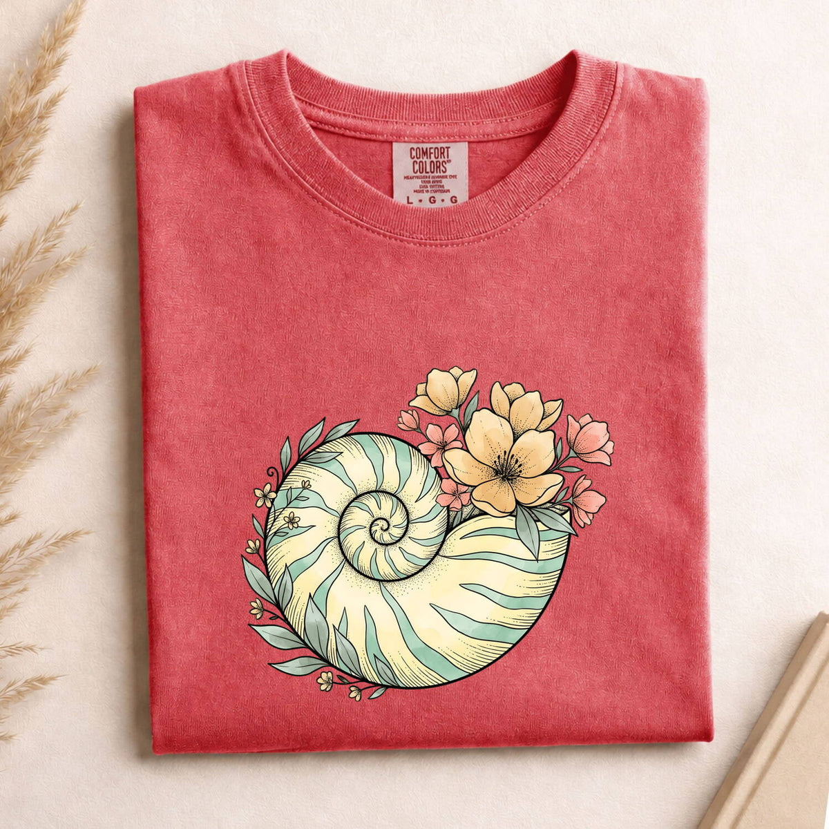 Floral Nautilus Shell T-Shirt – Coastal Boho Ocean Tee