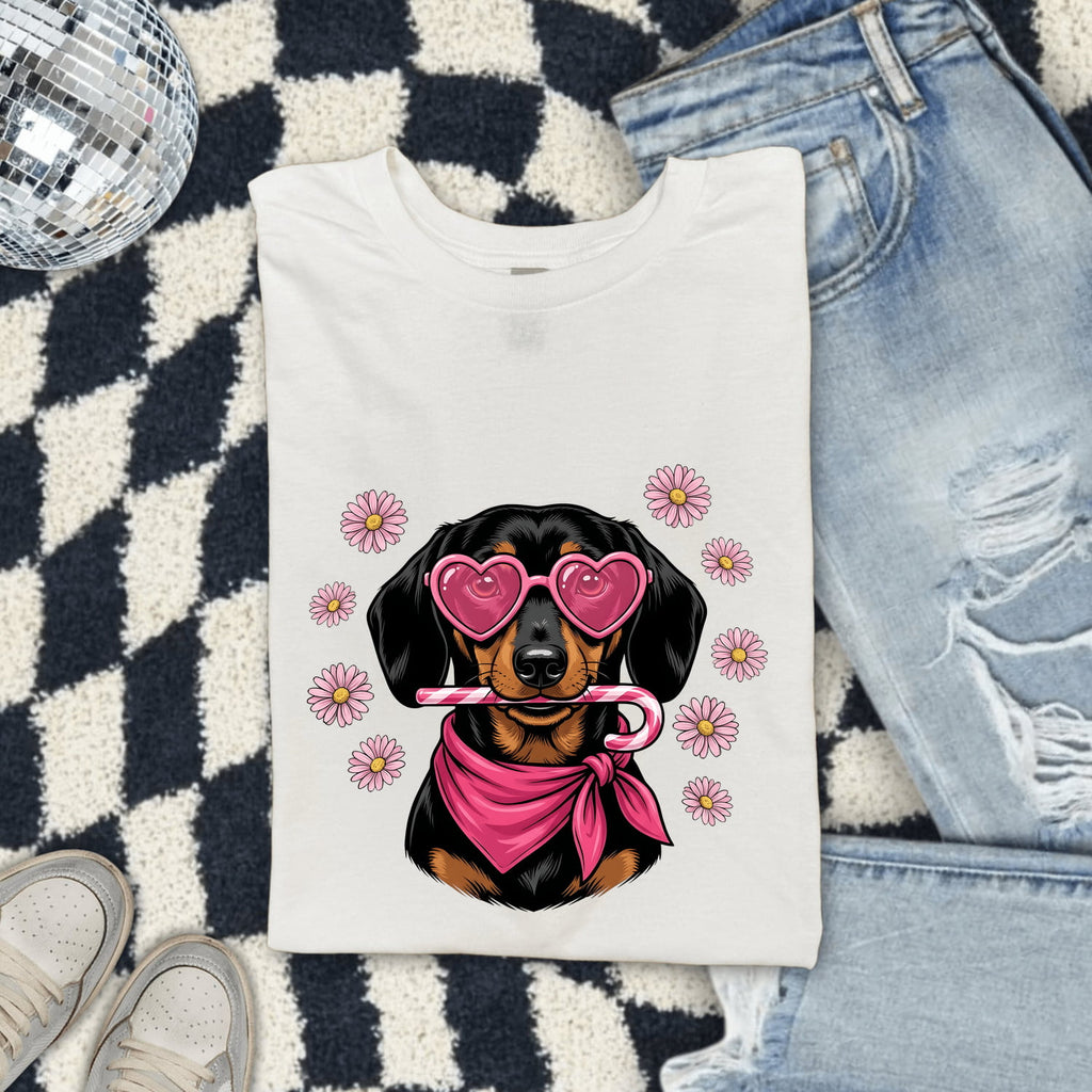Dachshund Valentine T-Shirt – Heart Sunglasses Doxie Tee
