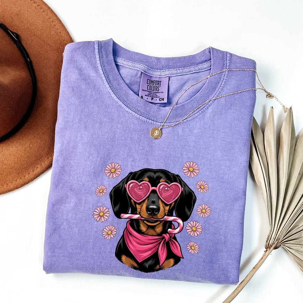 Dachshund Valentine T-Shirt – Heart Sunglasses Doxie Tee