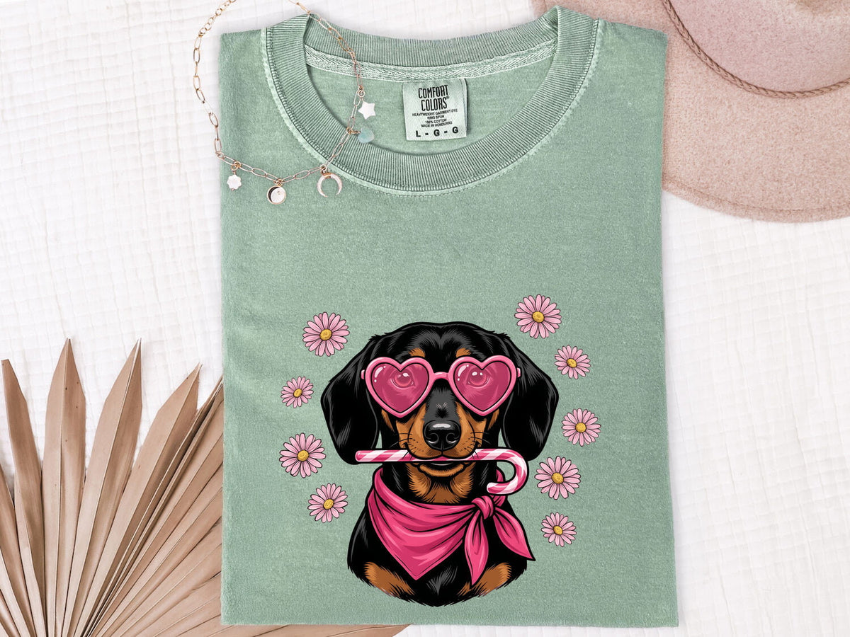 Dachshund Valentine T-Shirt – Heart Sunglasses Doxie Tee