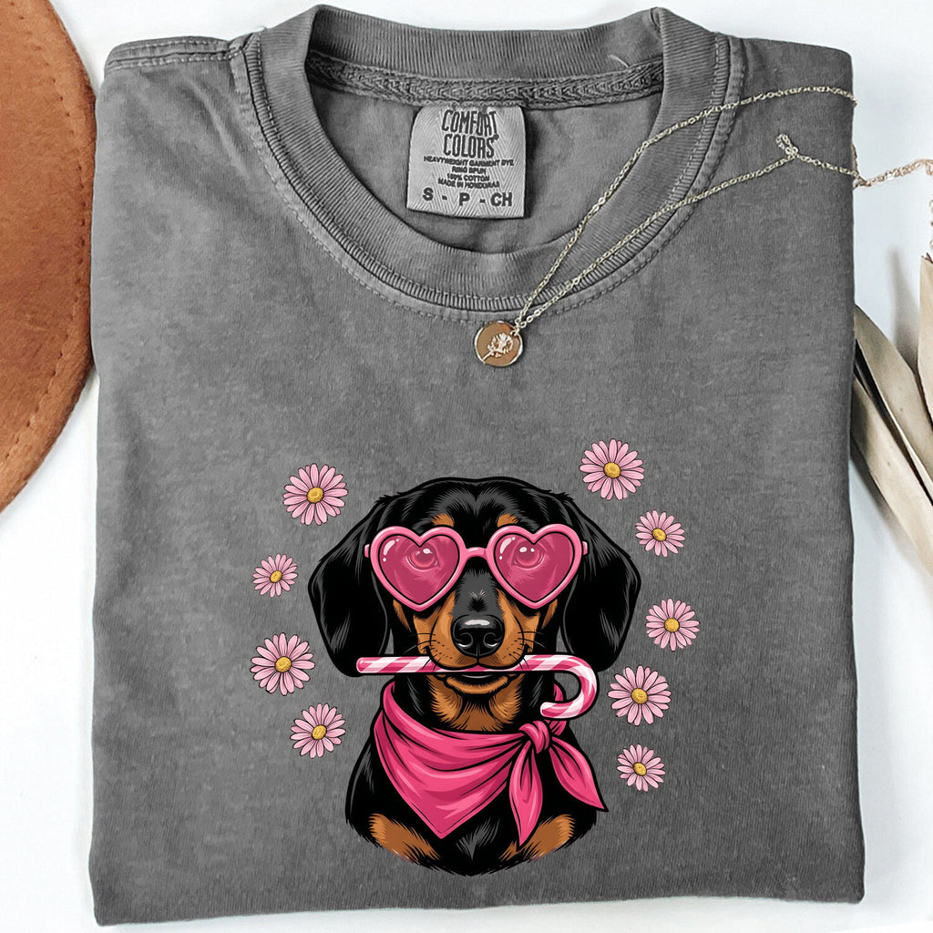 Dachshund Valentine T-Shirt – Heart Sunglasses Doxie Tee