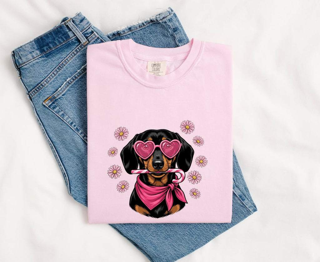 Dachshund Valentine T-Shirt – Heart Sunglasses Doxie Tee