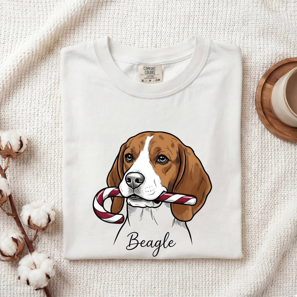 Beagle Hound Shirt Dog Christmas Gifts Women Cartoon Tee Hound Dog T-Shirt Dog Fan Cartoonish Tshirt Holiday Graphic Sketch Striped Candy