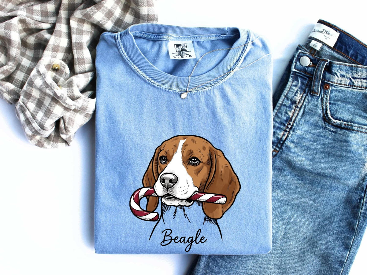 Beagle Hound Shirt Dog Christmas Gifts Women Cartoon Tee Hound Dog T-Shirt Dog Fan Cartoonish Tshirt Holiday Graphic Sketch Striped Candy