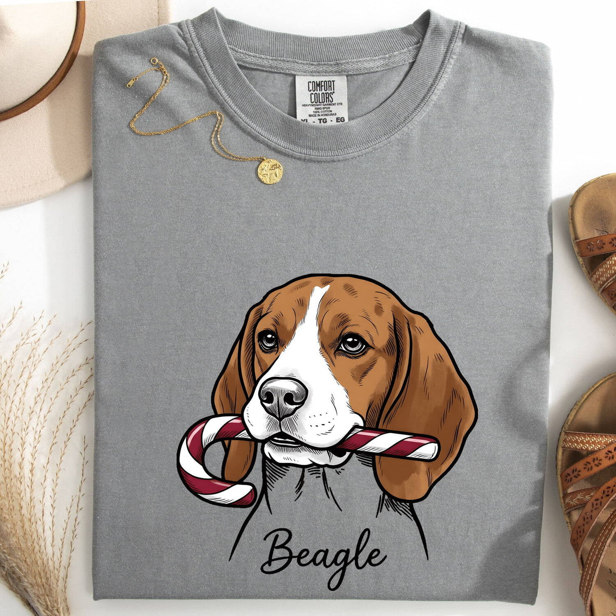 Beagle Hound Shirt Dog Christmas Gifts Women Cartoon Tee Hound Dog T-Shirt Dog Fan Cartoonish Tshirt Holiday Graphic Sketch Striped Candy