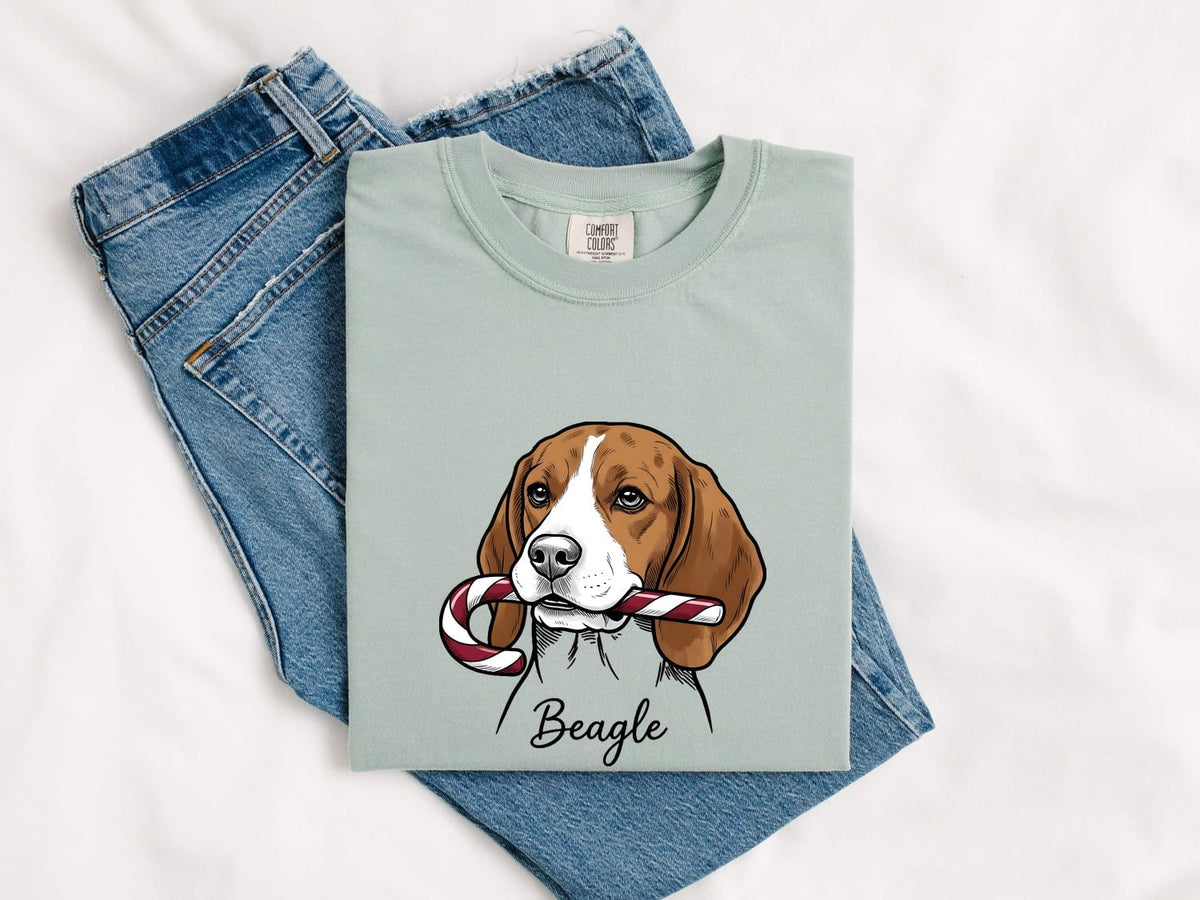 Beagle Hound Shirt Dog Christmas Gifts Women Cartoon Tee Hound Dog T-Shirt Dog Fan Cartoonish Tshirt Holiday Graphic Sketch Striped Candy