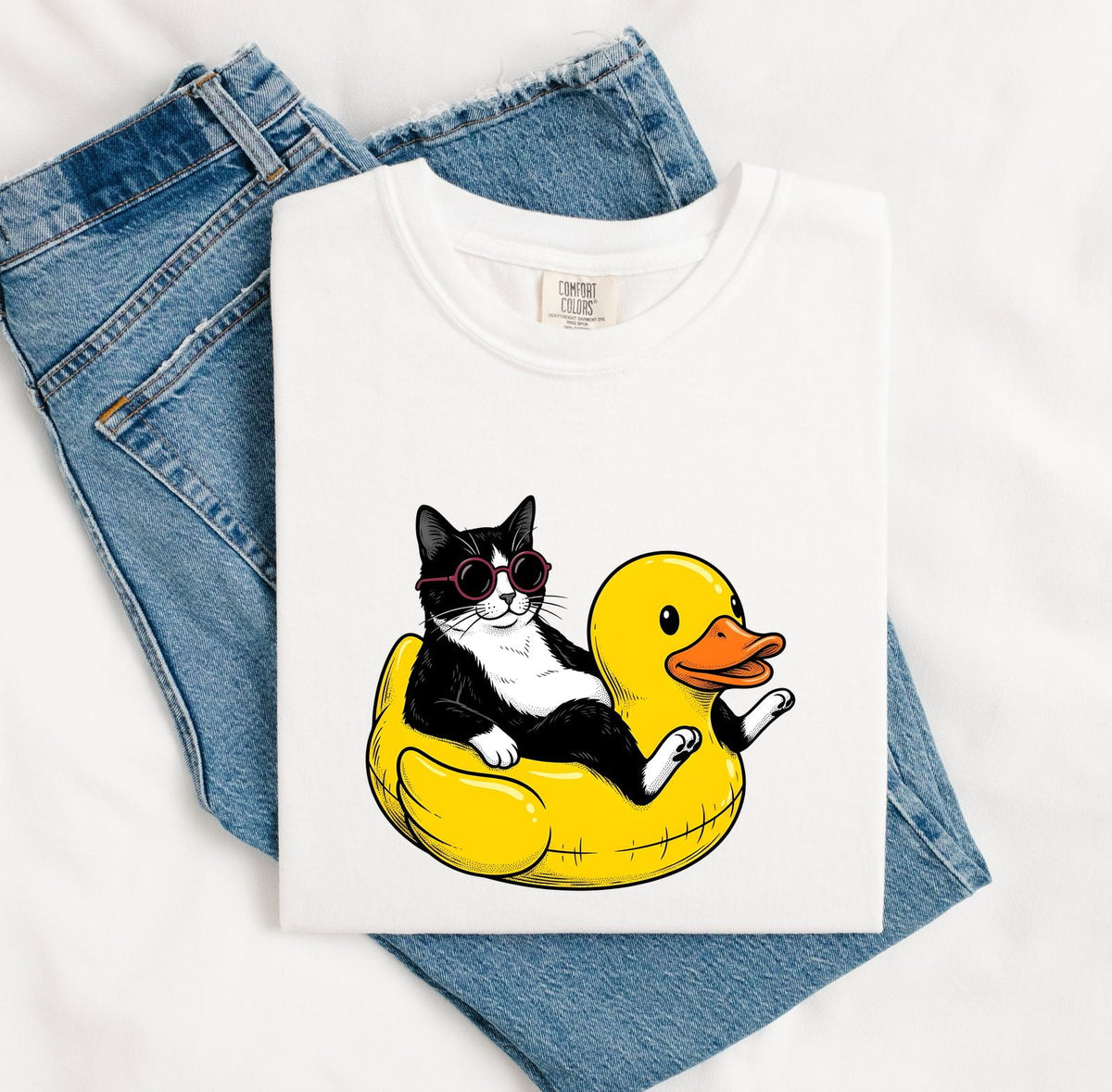 Funny Tuxedo Cat Shirt – Rubber Duck Pool Float Graphic Tee