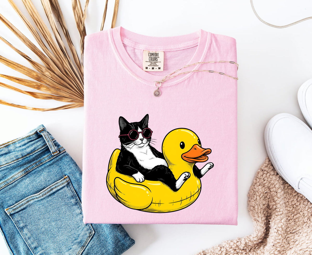 Funny Tuxedo Cat Shirt – Rubber Duck Pool Float Graphic Tee